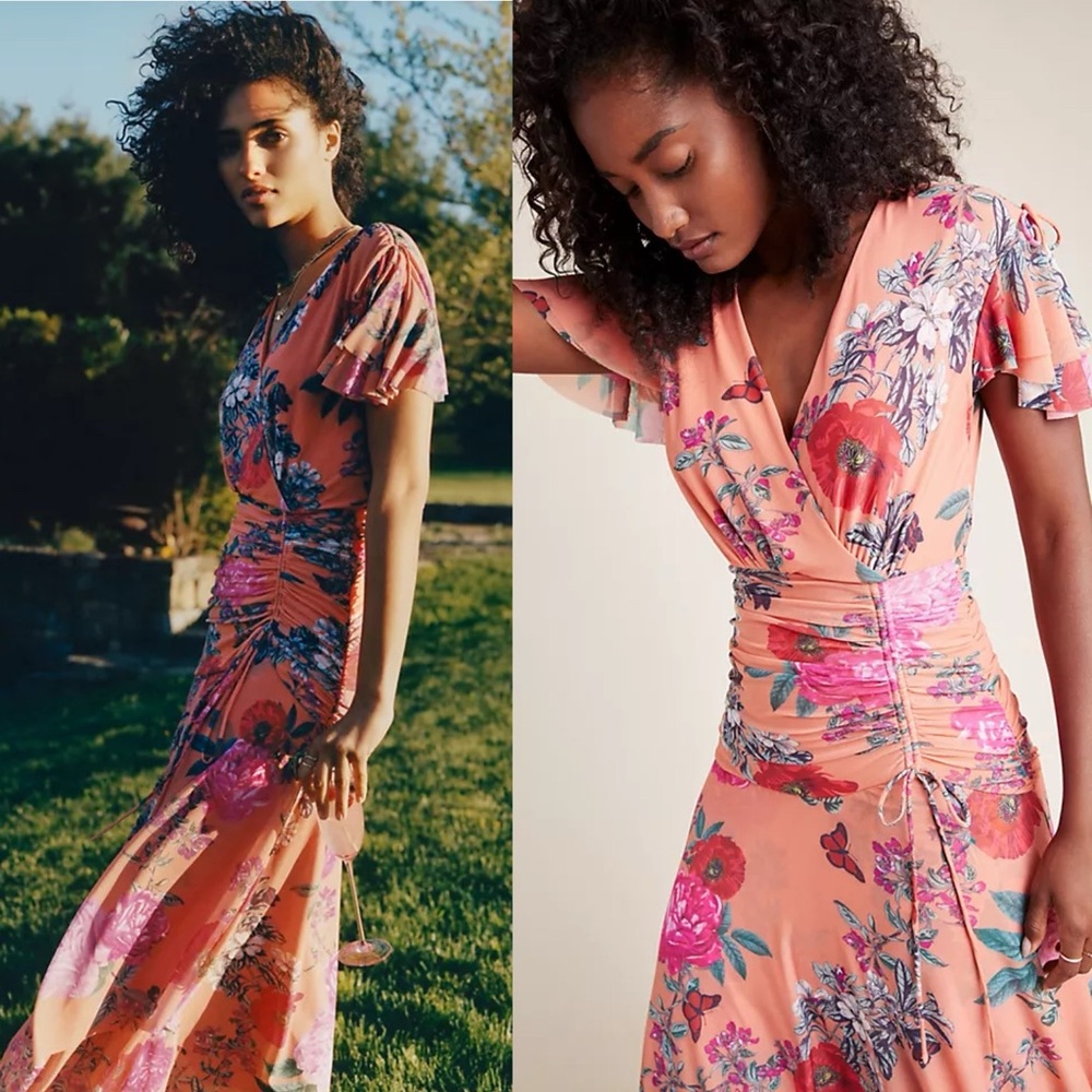 Maeve by Anthropologie Simone Floral Midi Dress Orange Pink XS NWT - Picture 12 of 12